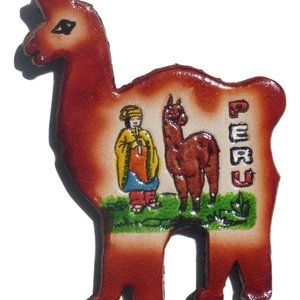 Cuzco Peru leather llama magnet  handpainted
